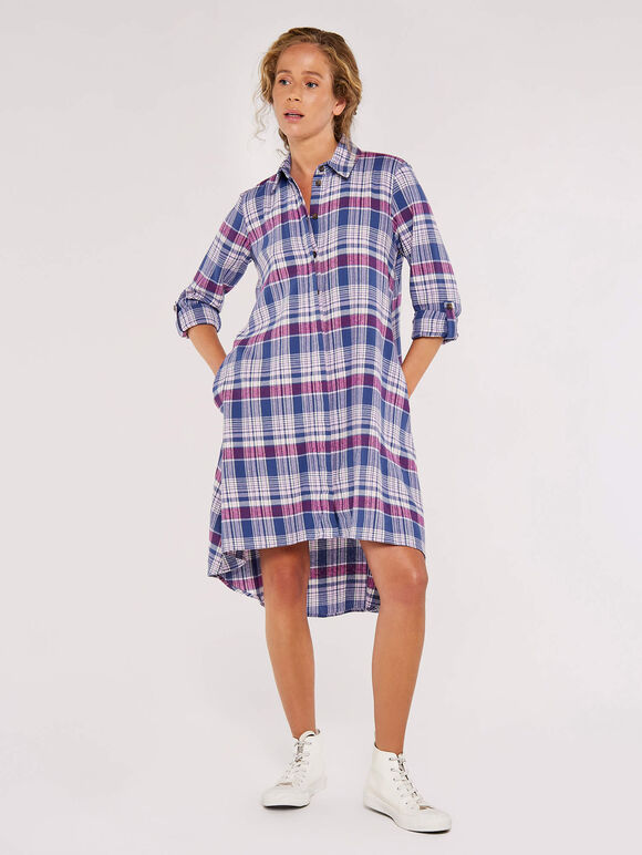 Plaid Shirt Dress, Blue, large