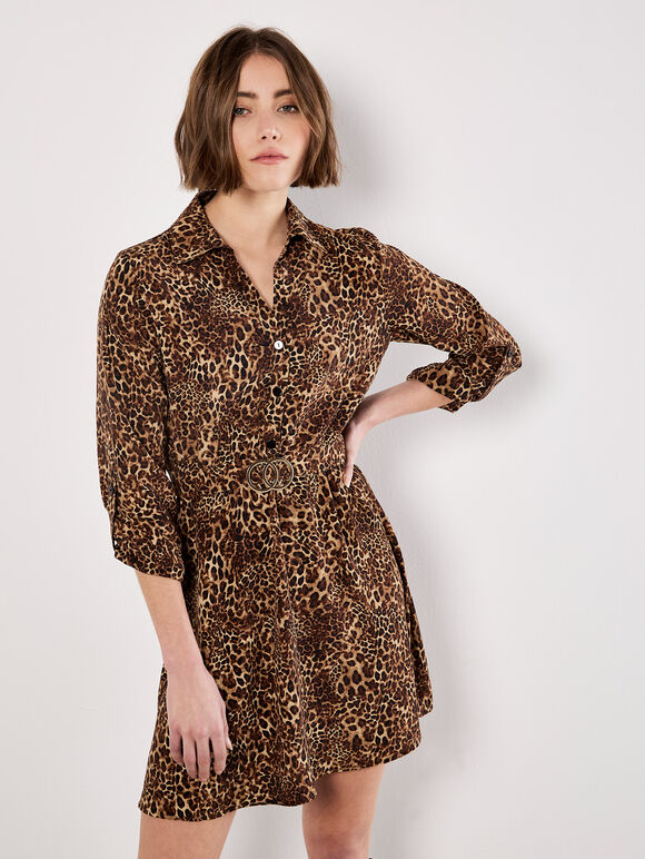 Animal Print Crepe Shirt Mini Dress, Brown, large