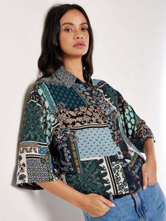 Patchwork Paisley Boxy Shirt, Navy, large
