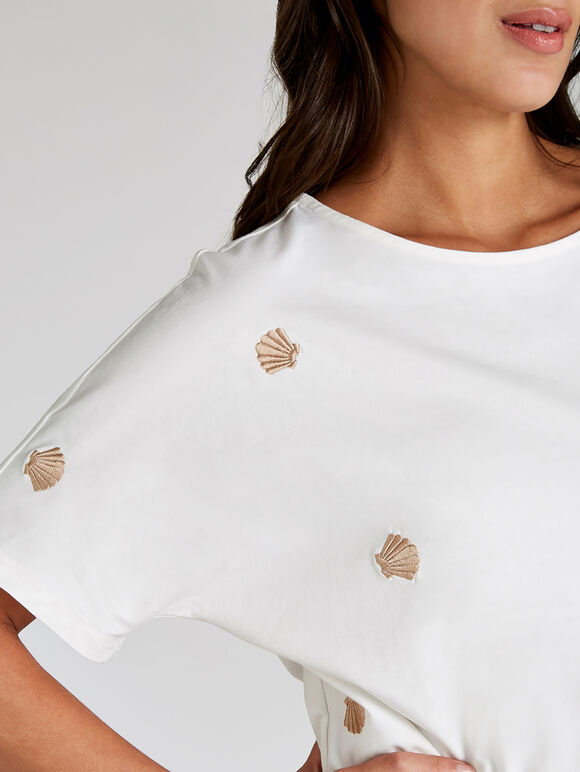 Cream Embroidered Seashell T-shirt, Cream, large