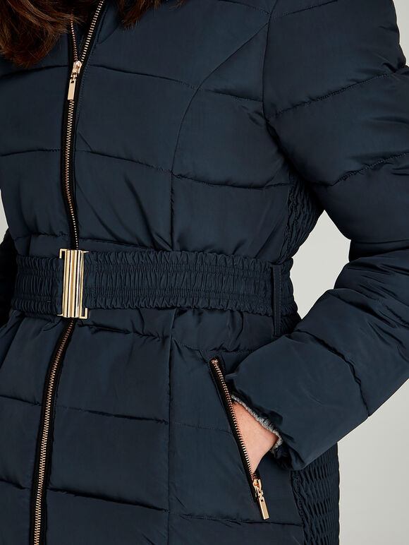 Longline Faux Fur Hood Puffer Jacket, Navy, large