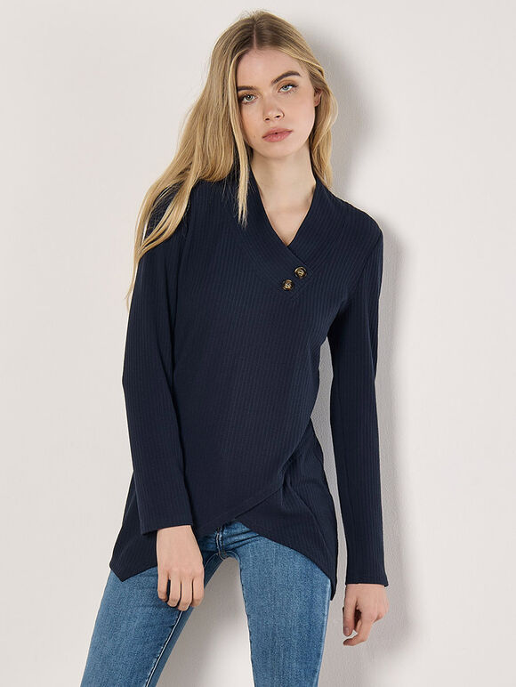 Wrap Hem Ribbed Tunic Top, Navy, large