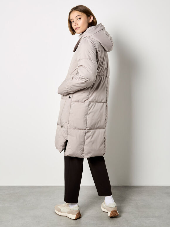 Longline Padded Puffer Coat, Stone, large