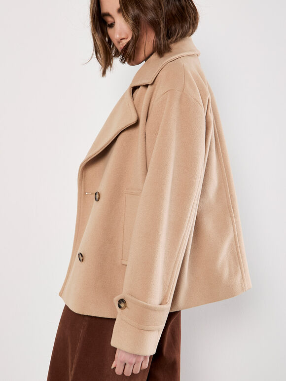 Tailored Short Peacoat Jacket, Brown, large