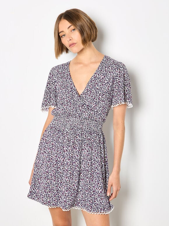 Ditsy Floral Gold Foil Mini Dress, Purple, large