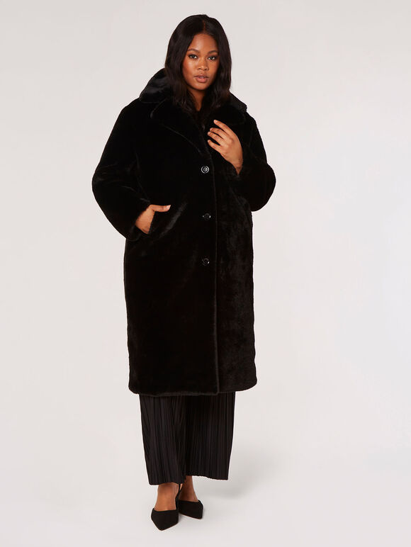Curve Longline Soft Faux Fur Coat, Black, large