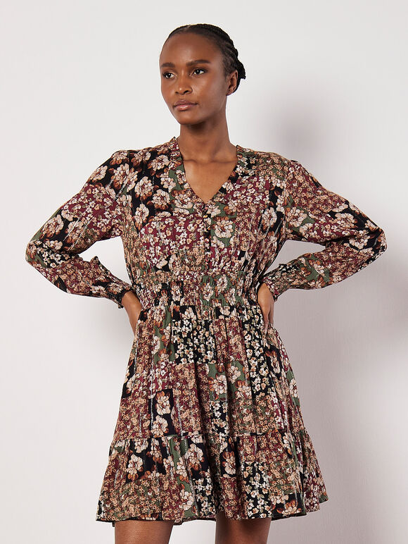 Patchwork Floral Shimmer Mini Dress, Green, large