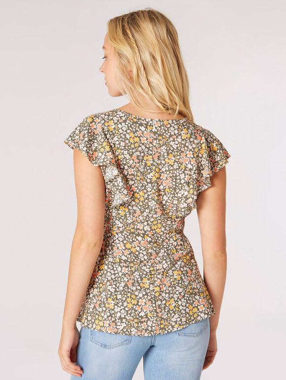 Floral Peplum Hem Top, Khaki, large