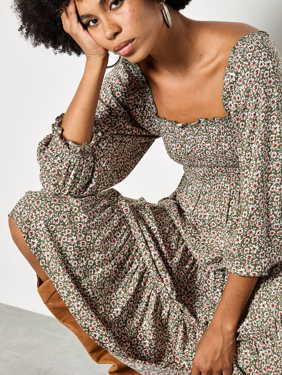 Ditsy Floral Smocked Midi Dress, Khaki, large