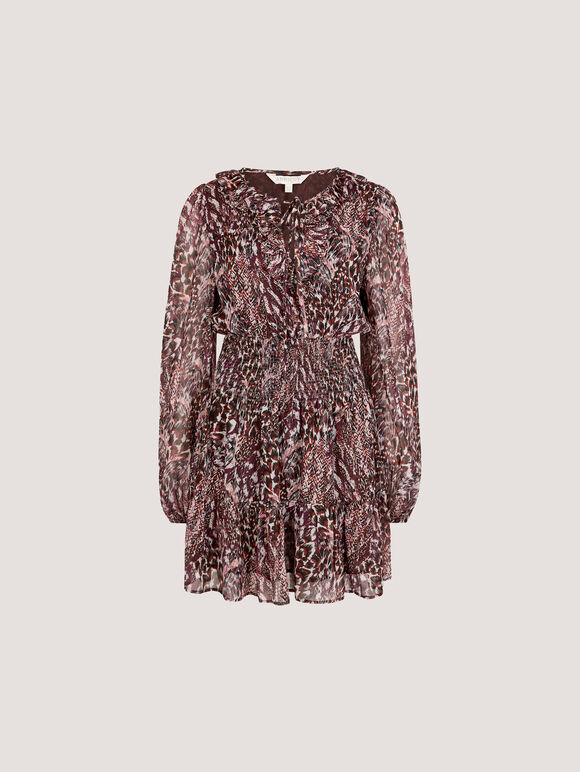 Feather Print Chiffon Mini Dress, Burgundy, large