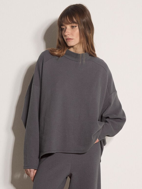 Waffle Jersey Knit Oversized Top, Dark Grey/Charcoal, large