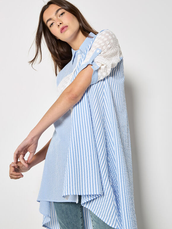 Mix Stripe Embroidered Shirt, Blue, large