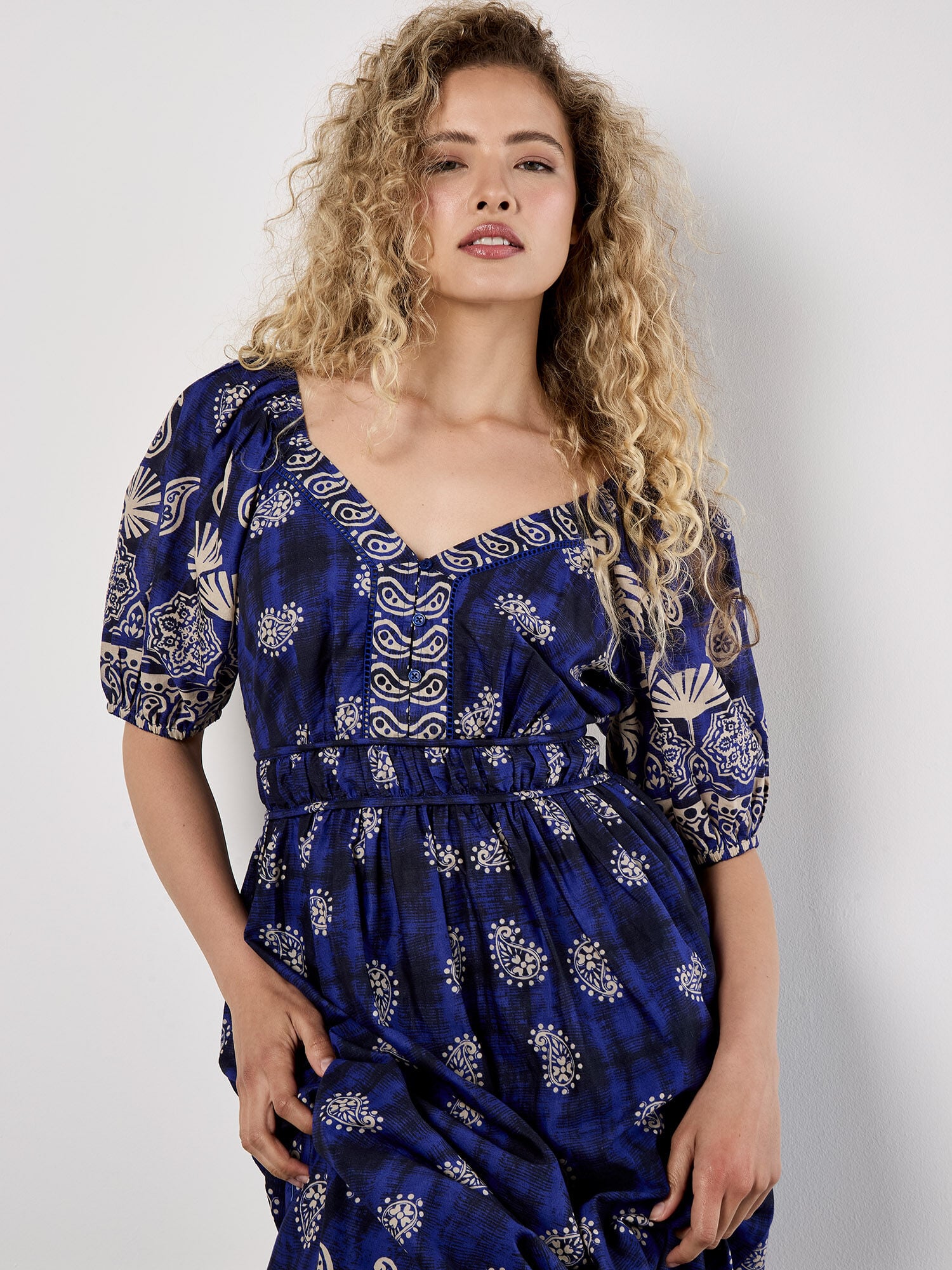 Paisley Border Print Cotton Midi Dress | Apricot Clothing