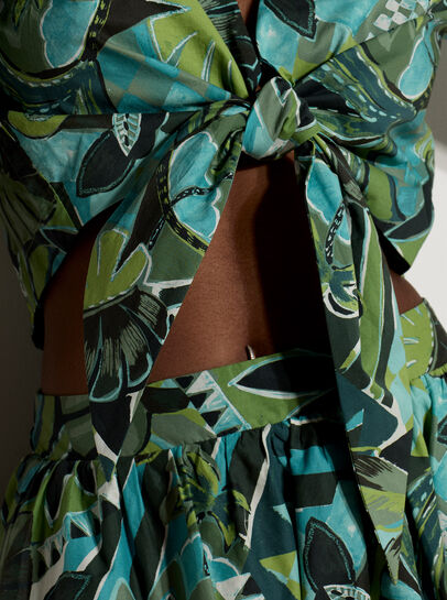 Tropical Leaf Cotton Tie Front Top