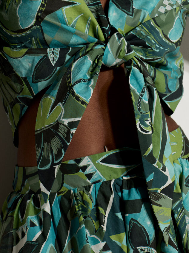 Tropical Leaf Patchwork Tie Front Top, Aqua - Turquoise, large