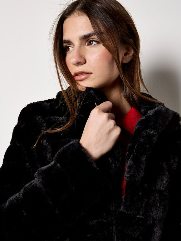Faux Fur Panel Jacket, Black, large