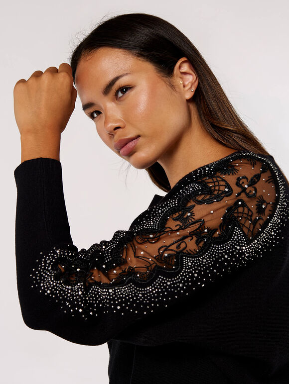 Embellished Sleeve Batwing Jumper, Black, large
