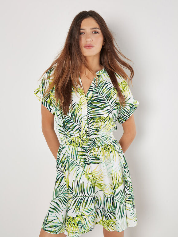 Tropical Leaf Print Smocked Mini Dress, Cream, large