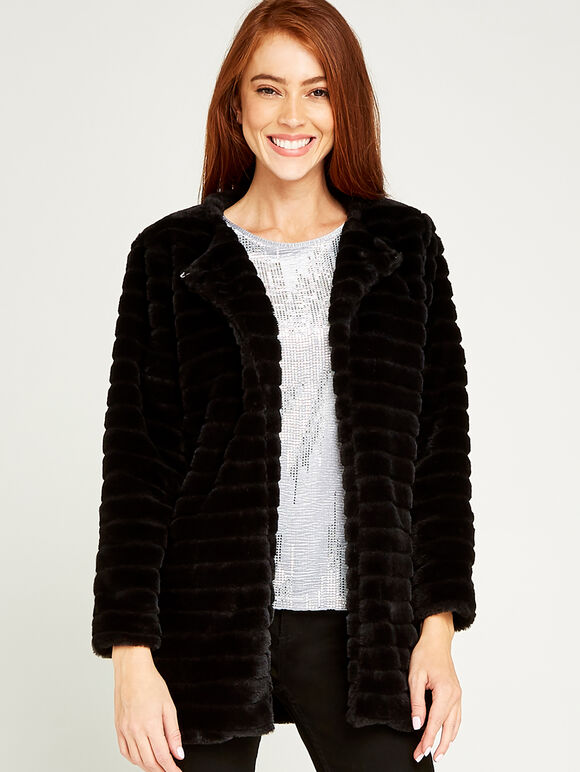 Self Stripe Faux Fur Jacket, Black, large