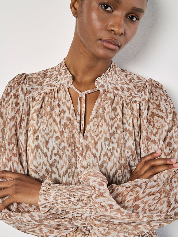 Ikat Swirl Shimmer Chiffon Top, Stone, large