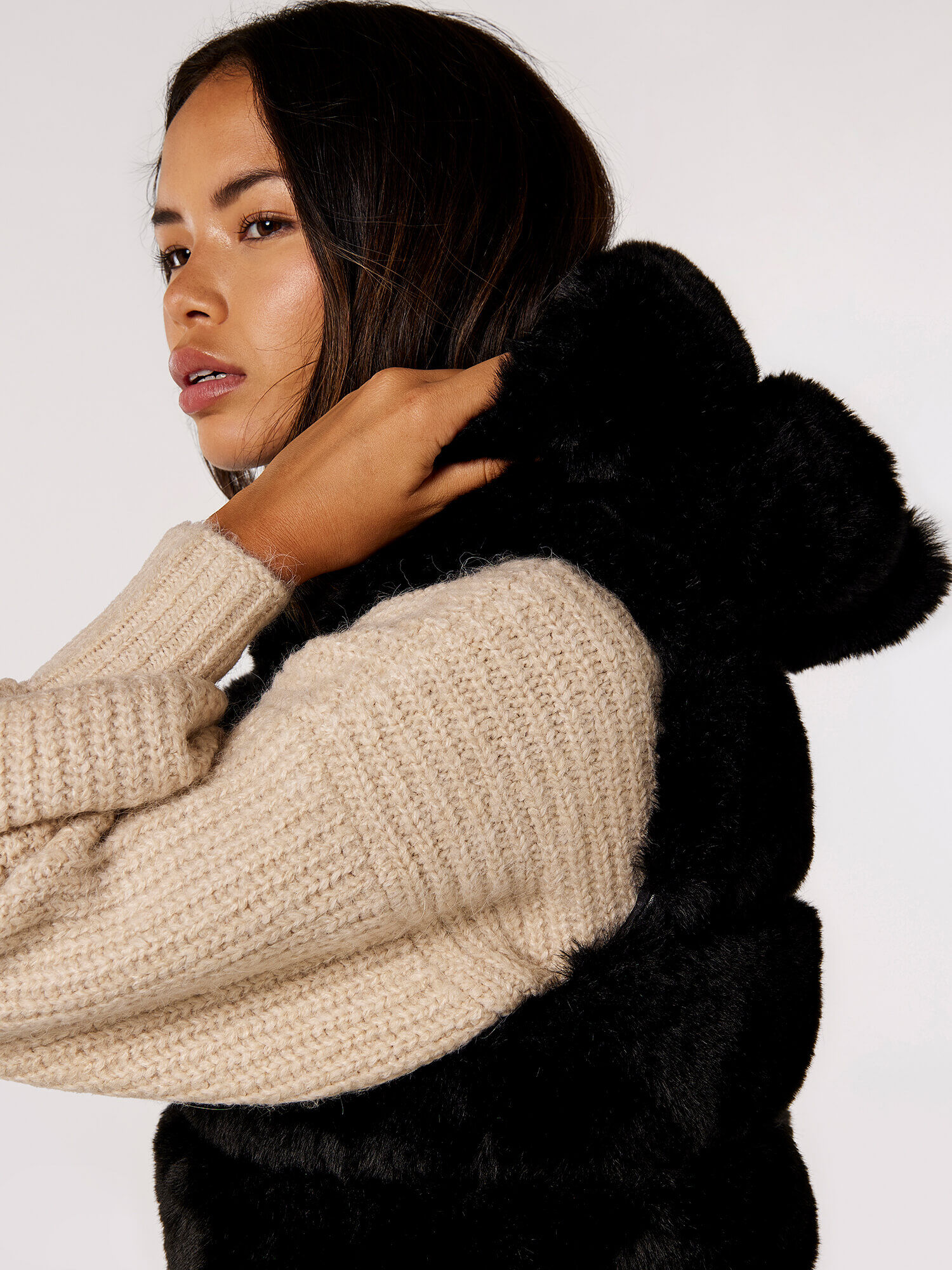 Faux Fur Hooded Longline Gilet Apricot Clothing
