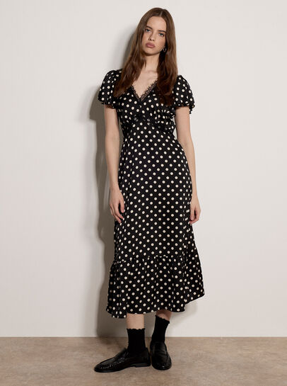 Polka Dot Satin Midi Dress