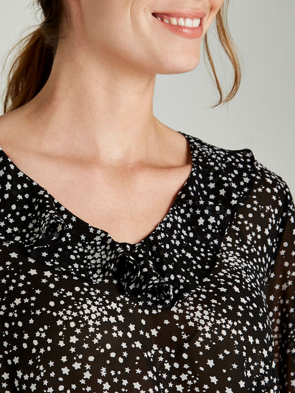 Star Print Ruffle Detail Blouse, Black, large