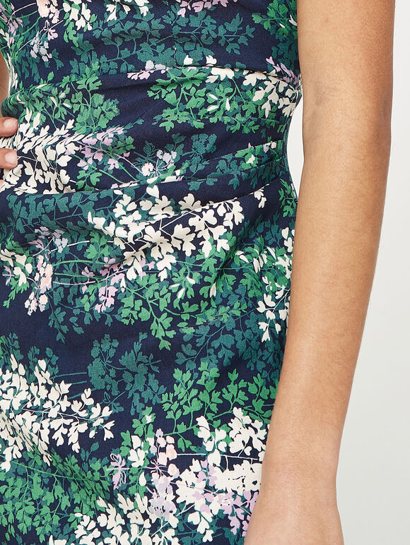 Fern Springs Print In Side Ruched Dress, Navy, large