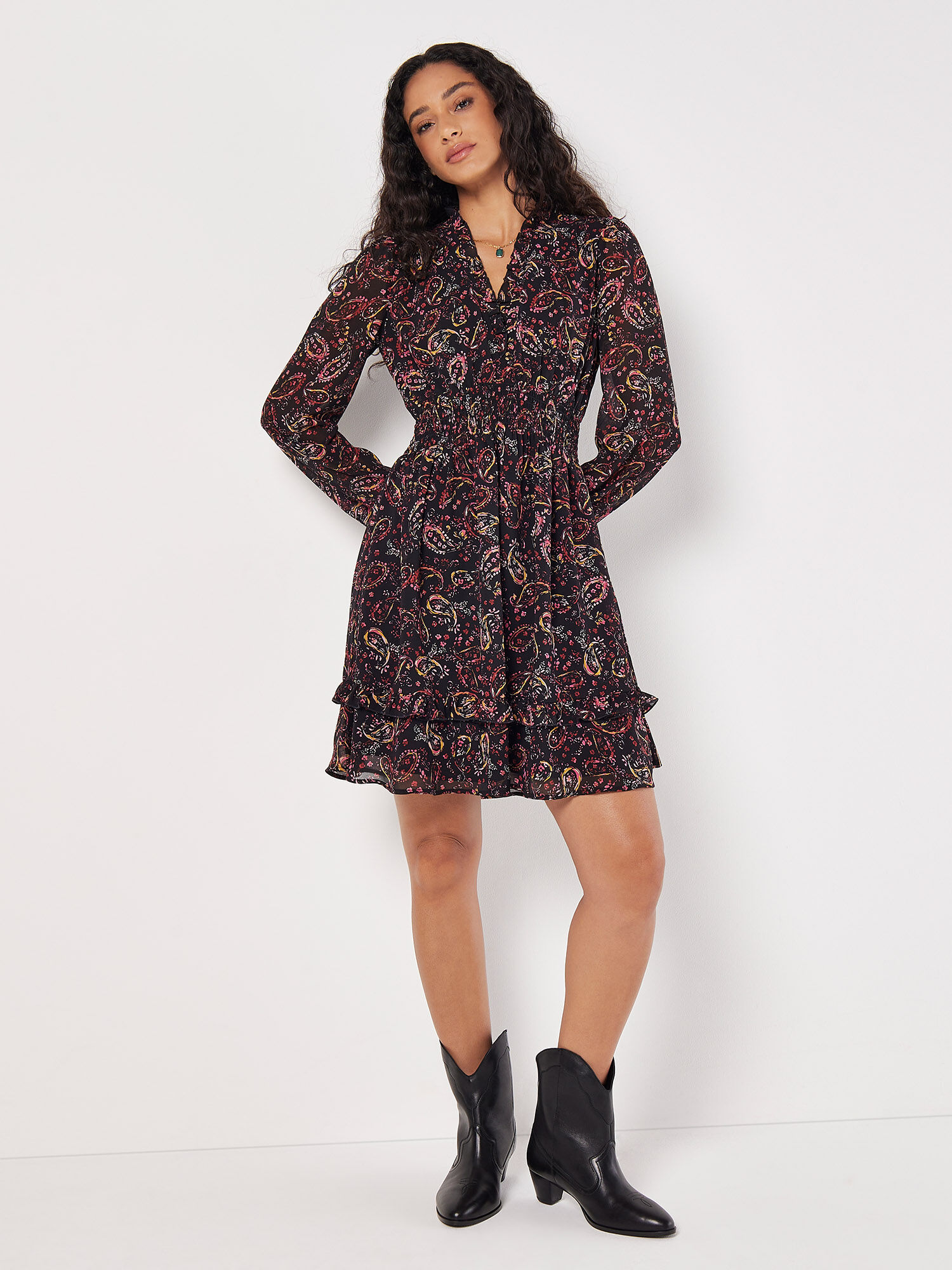 Paisley Ruffle Mini Dress Apricot Clothing