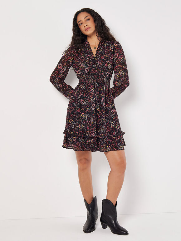 Paisley Ruffle Mini Dress , Pink, large