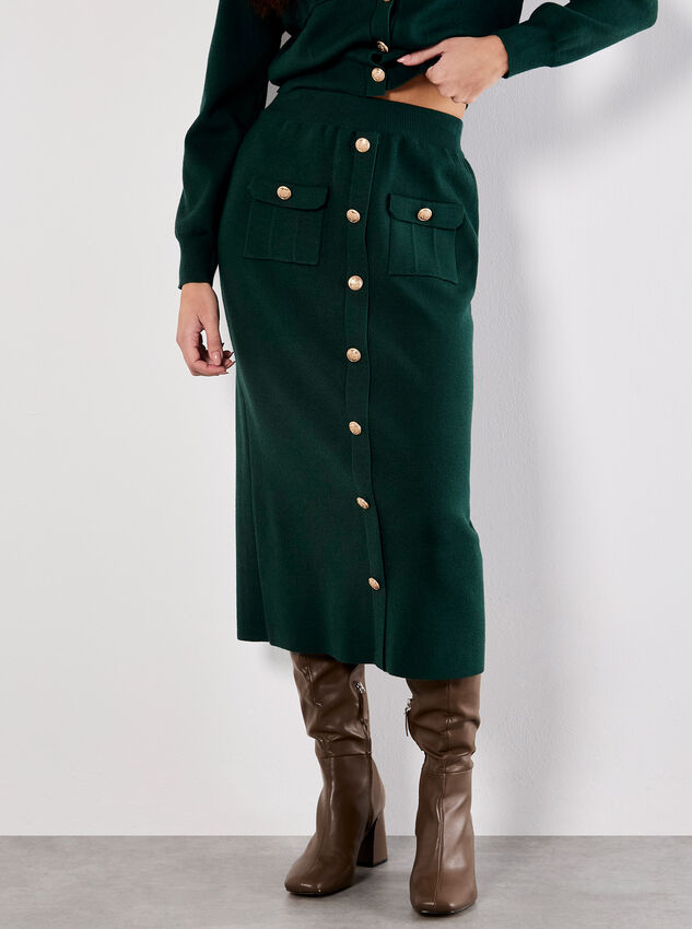 Ribbed Knit Button-Down Midi Skirt, Green, large