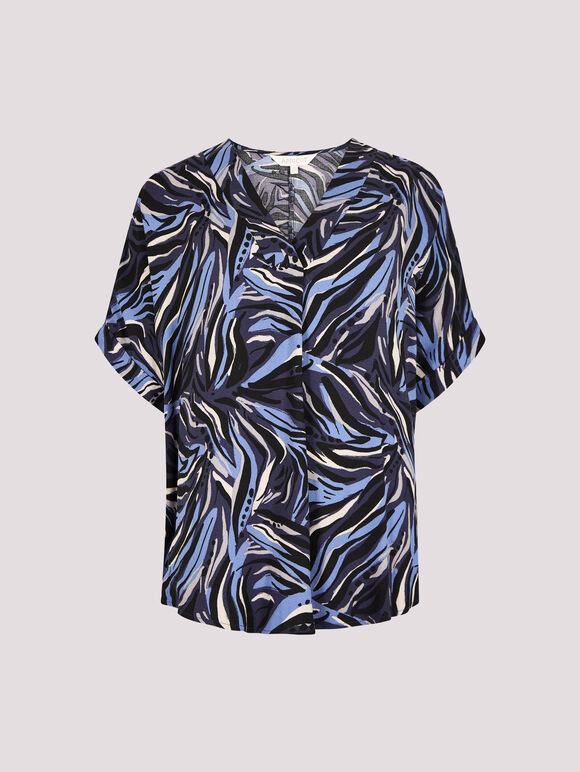 Abstract Print Pleat Blouse, Navy, large