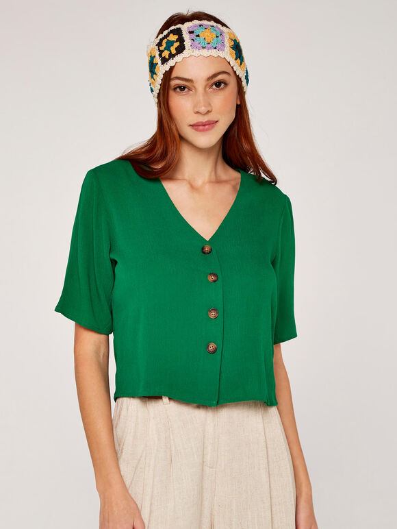 Button Front Crop Top, Green, large