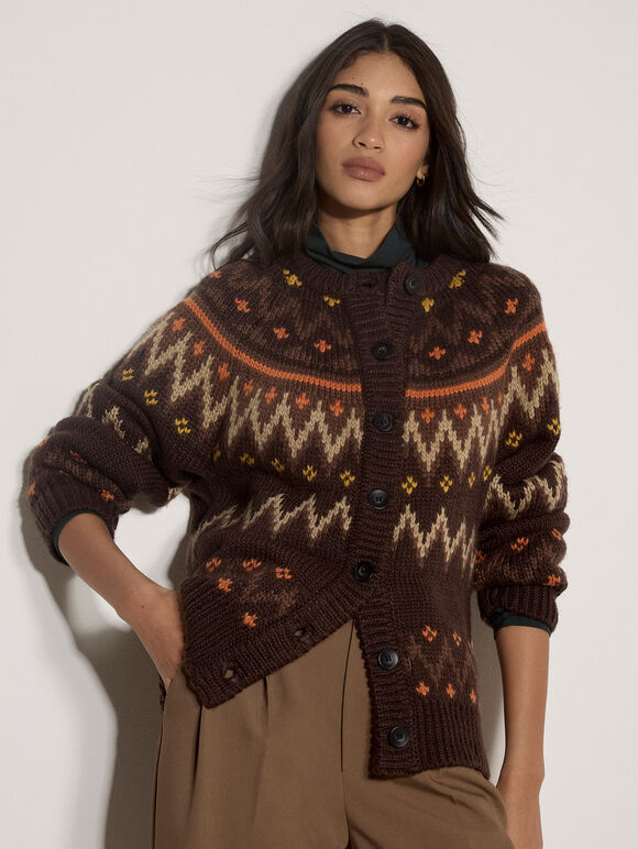 Fair Isle Chunky Knit Cardigan, Brown, large