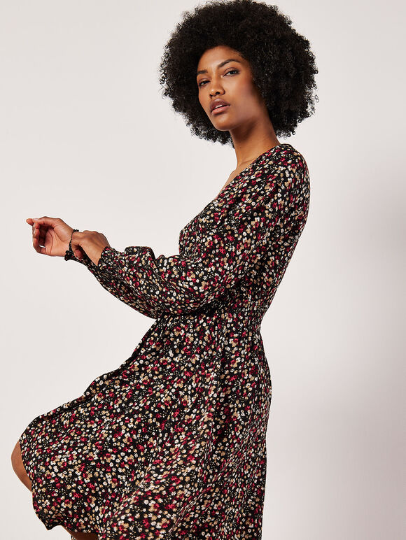 Ditsy Floral Smocked Mini Dress, Black, large