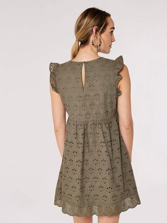 V-Neck Anglaise Mini Dress, Khaki, large