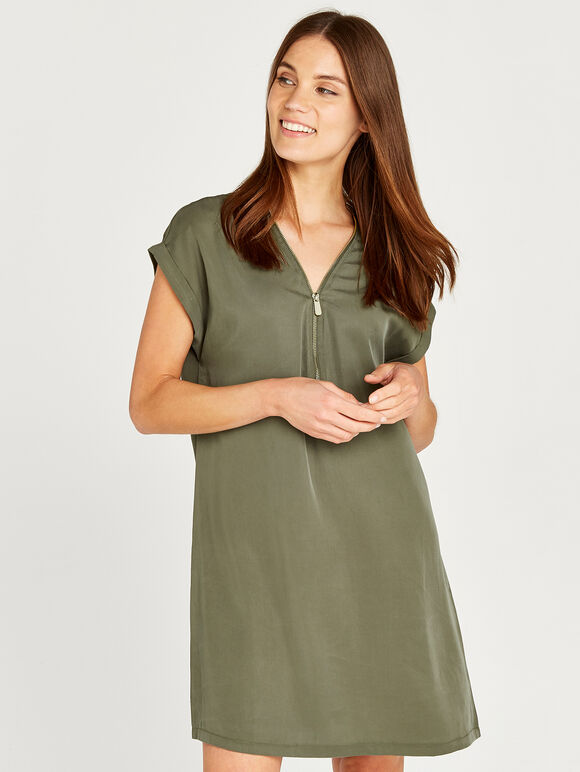 Zip Front Dress, Khaki, large
