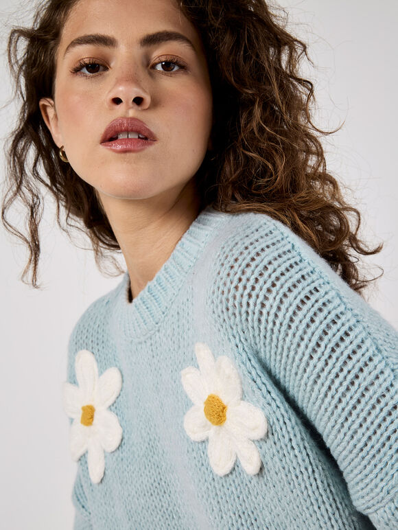 Embroidered Daisies Jumper, Blue, large