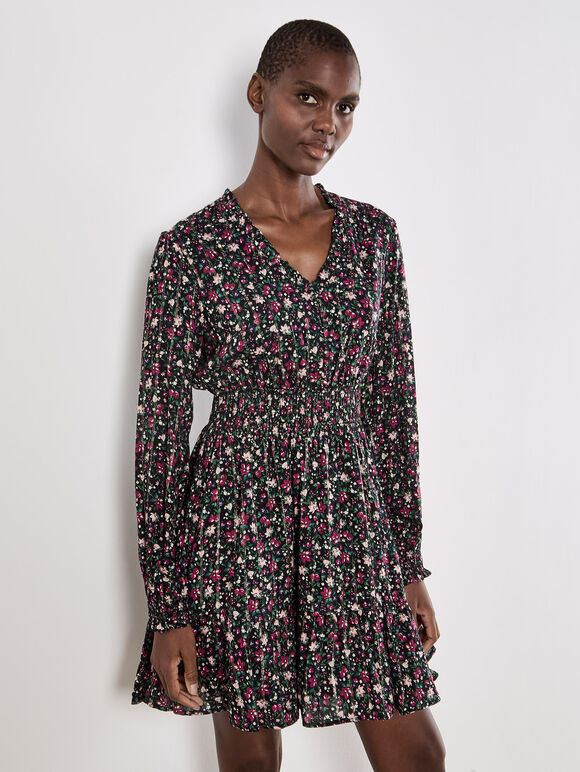Ditsy Floral Shimmer Mini Dress, Black, large