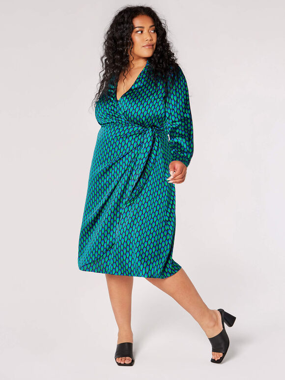 Curve Geometric Satin Midi Dress, Blue, large
