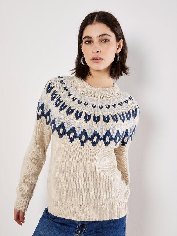 Fair Isle Chunky Knit Jumper, Stone, large