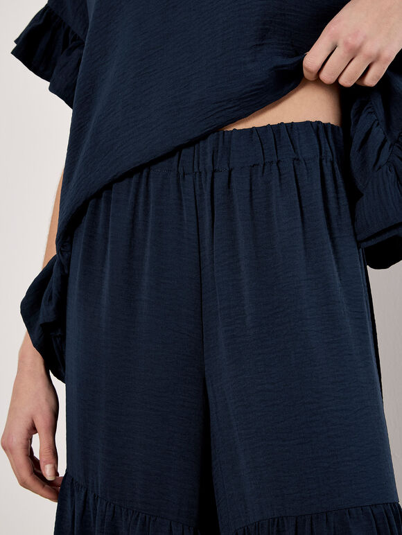 Wide Leg Tiered Trousers, Navy, large