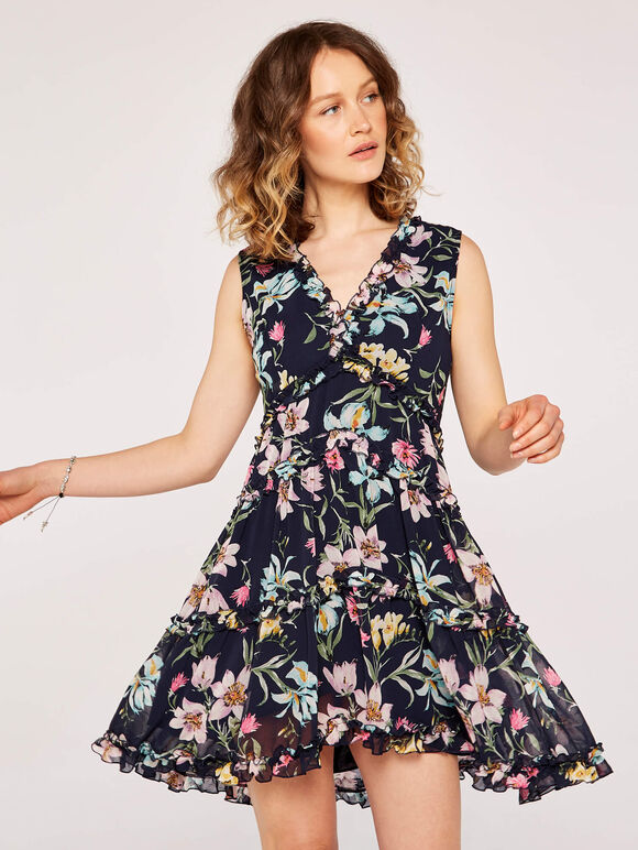 Floral Tiered Ruffle Dress, Navy, large