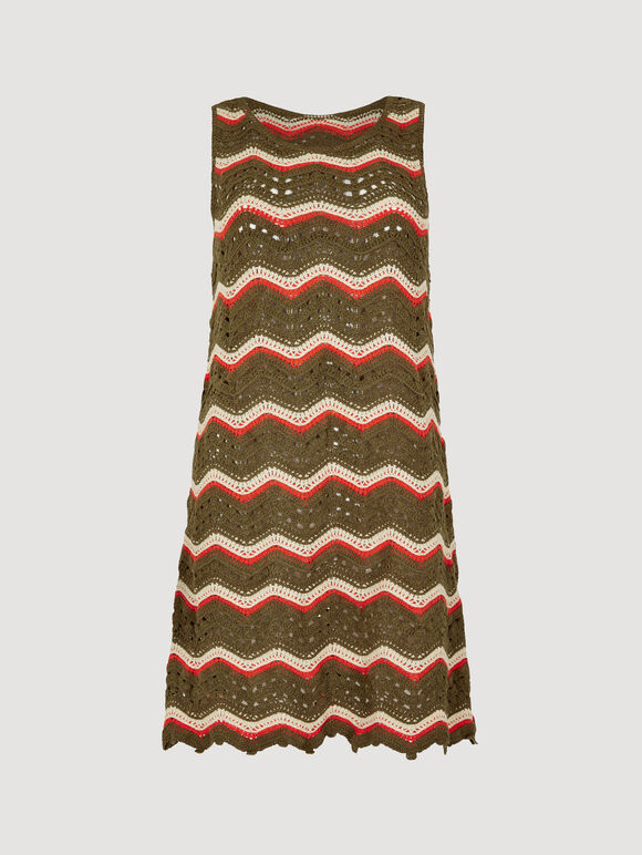 Chevron Crochet Shift Mini Dress, Khaki, large