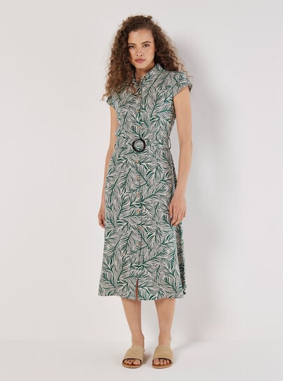 Leaf Print Shirt Midi Dress