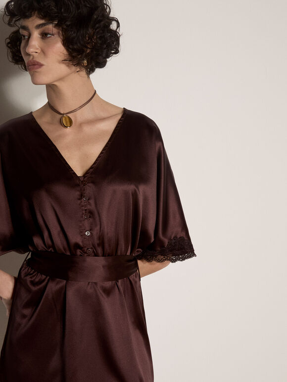 Lace Kimono Satin Mini Dress, Brown, large