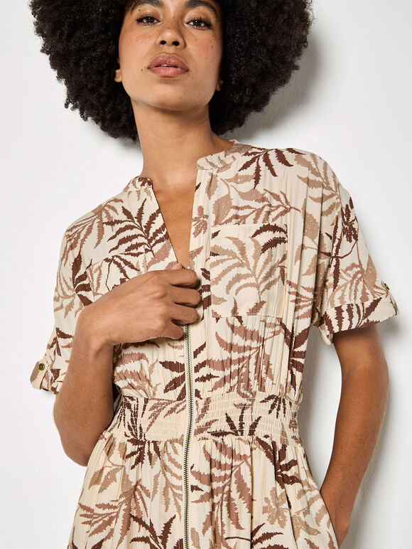 Tropical Leaf Zip-Down Midi Dress, Stone, large