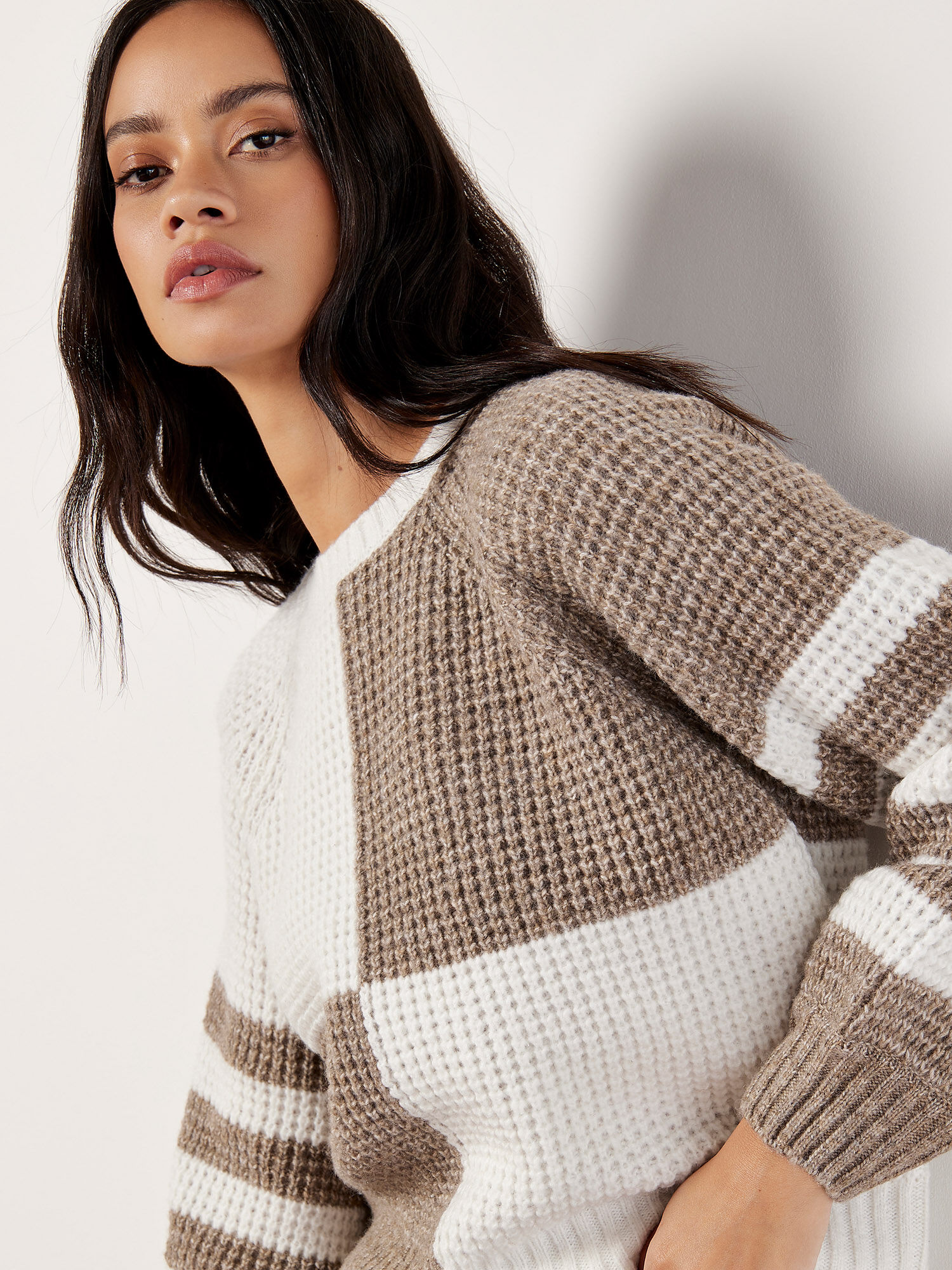 Colour Block Waffle Knit Jumper Apricot Clothing