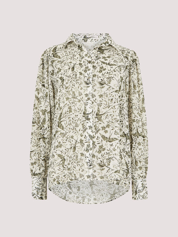 Illustrated Birds Chiffon Shirt, Cream, large