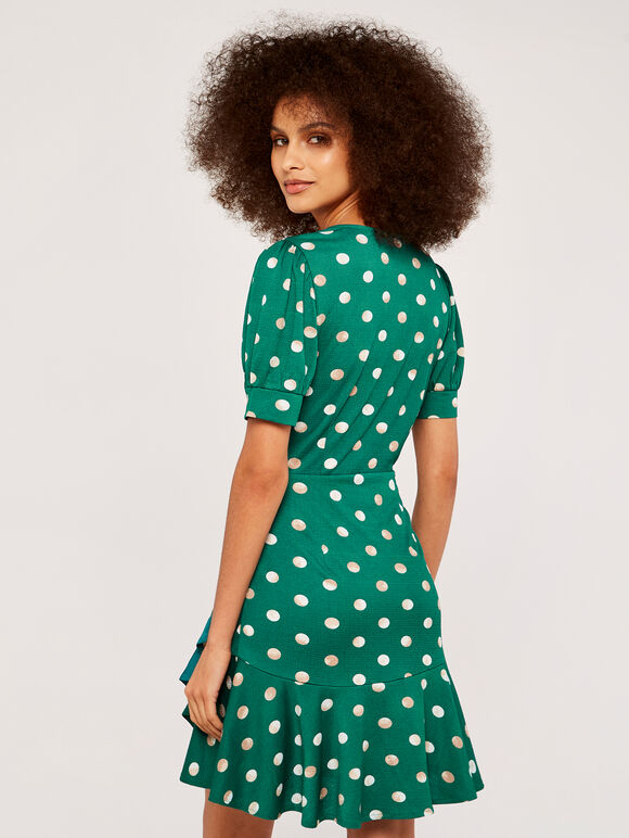 Watercolour Spot Ruffle Dress, Green, large